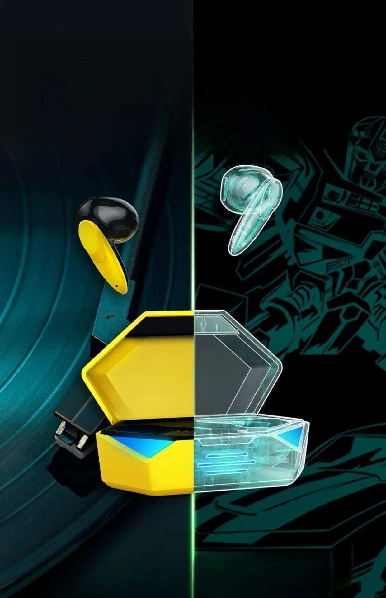 G20 wireless Bluetooth TWS headset in yellow with charging compartment on white background