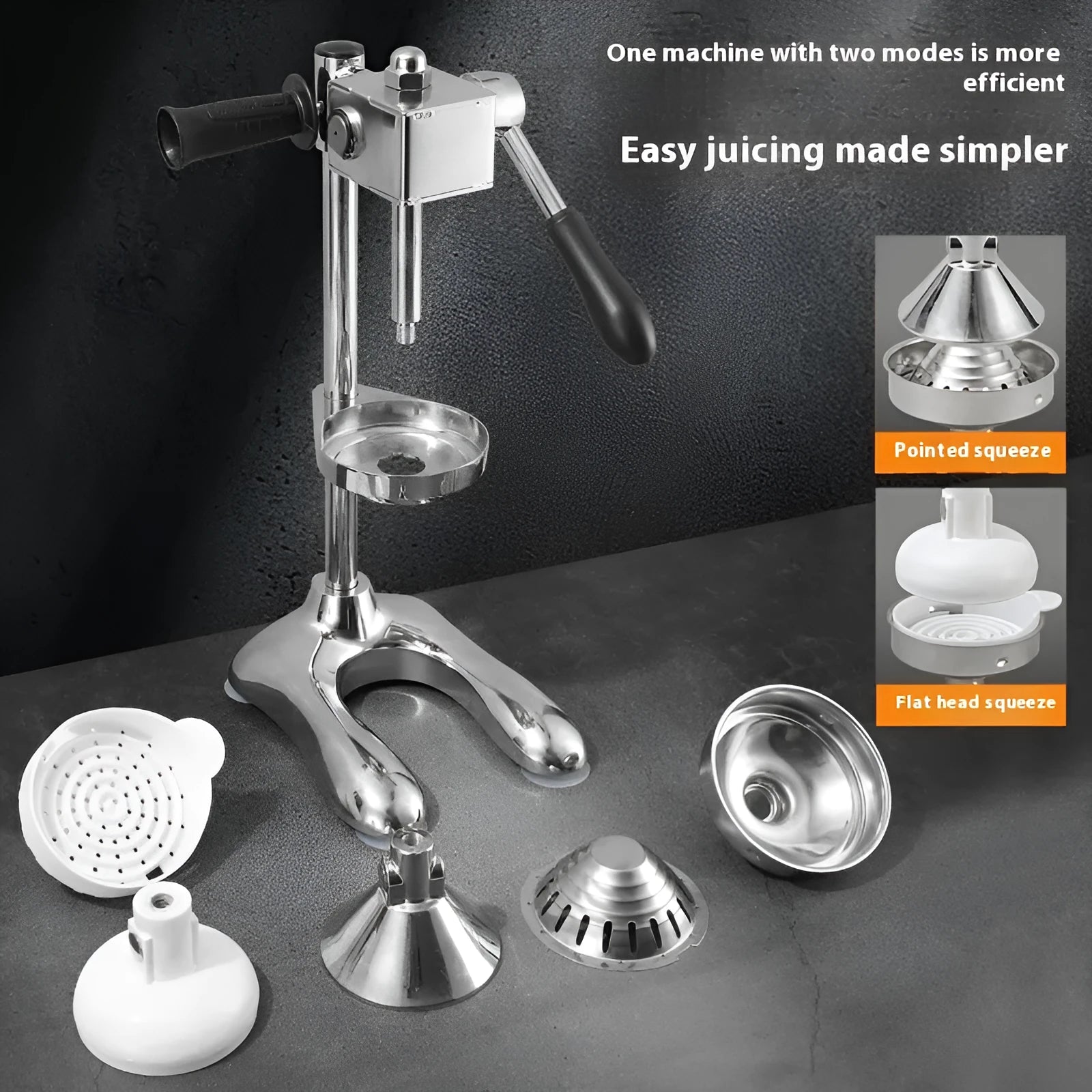 Vertical stainless steel manual citrus juicer with zinc alloy components in multiple colour options