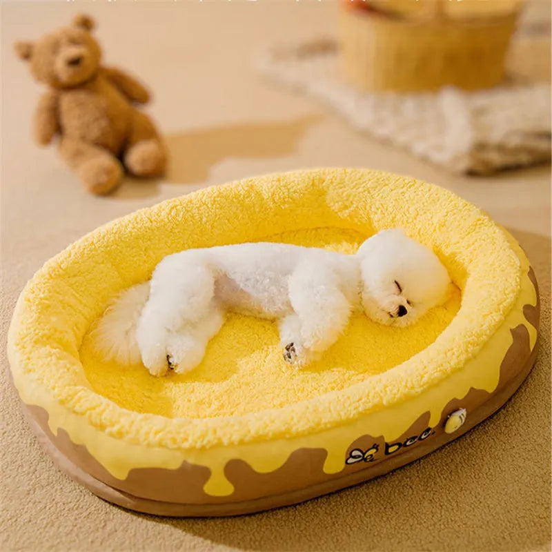Warm velvet pet bed for small and medium dogs and cats, detachable cover, grey or yellow