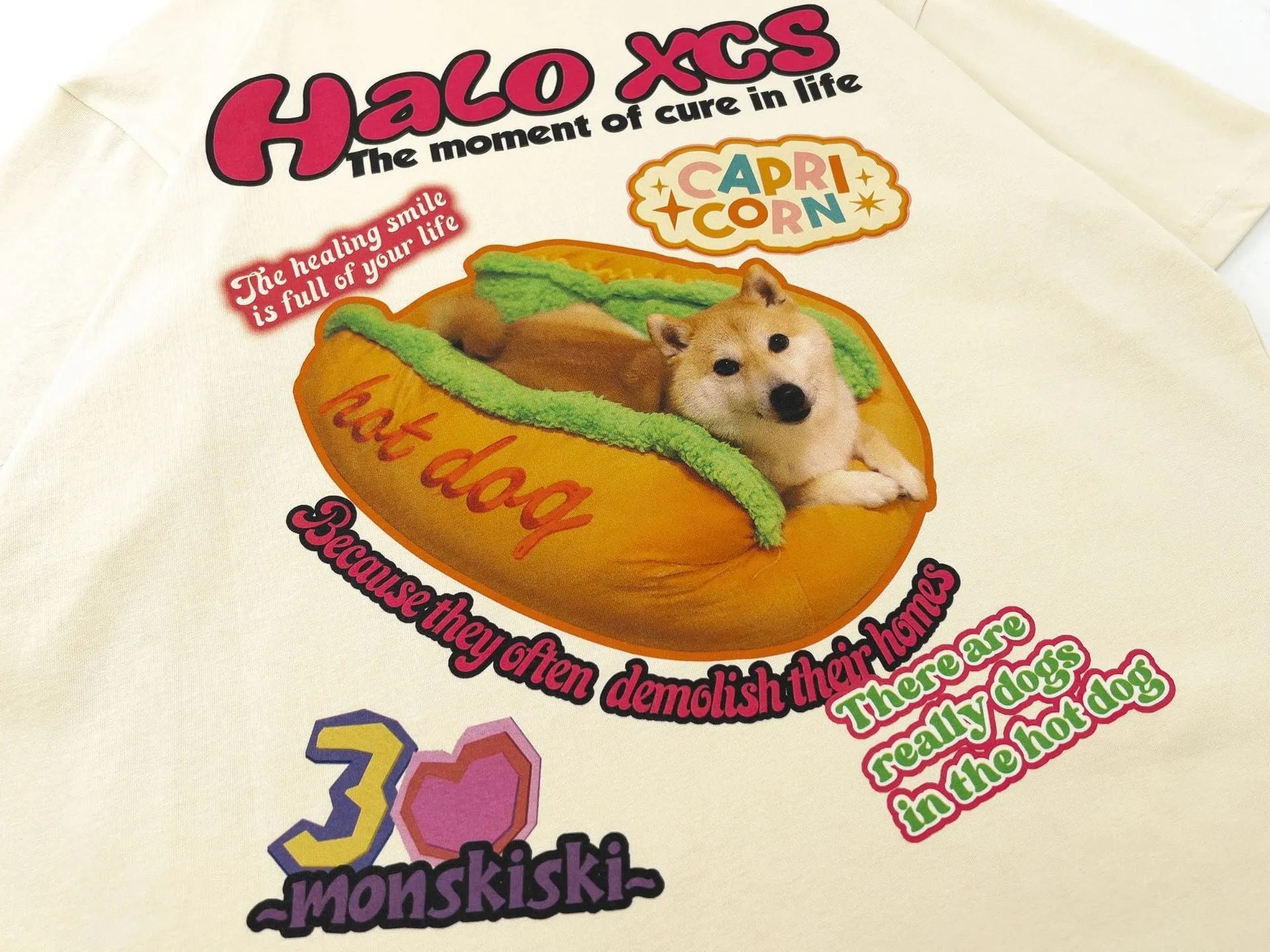 Cartoon hamburger dog printed couple's T-shirts in white, apricot and sky blue colours