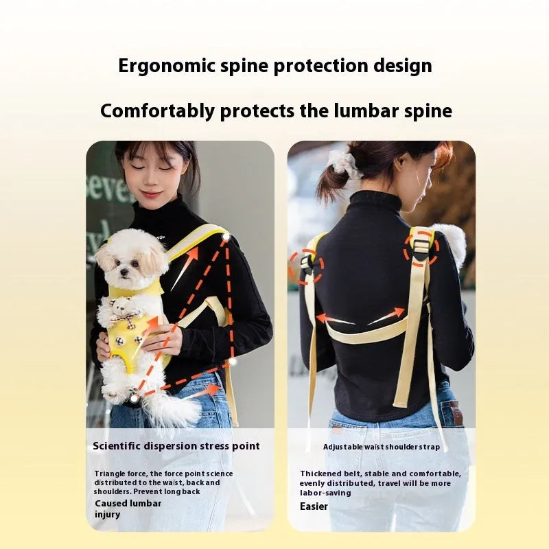 Cartoon pet bag for cats in soft canvas with adjustable ribbon straps and colourful stitching