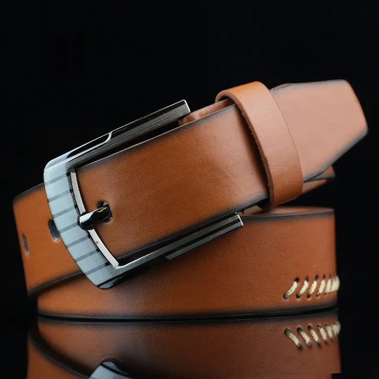 Men's retro style threading belt with alloy pin buckle in black, brown, or white, 110cm long.