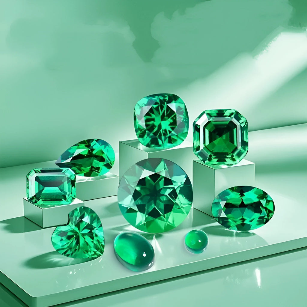 Cultivated emerald green treasure shaped colored gemstone round cut polished loose stone on white background