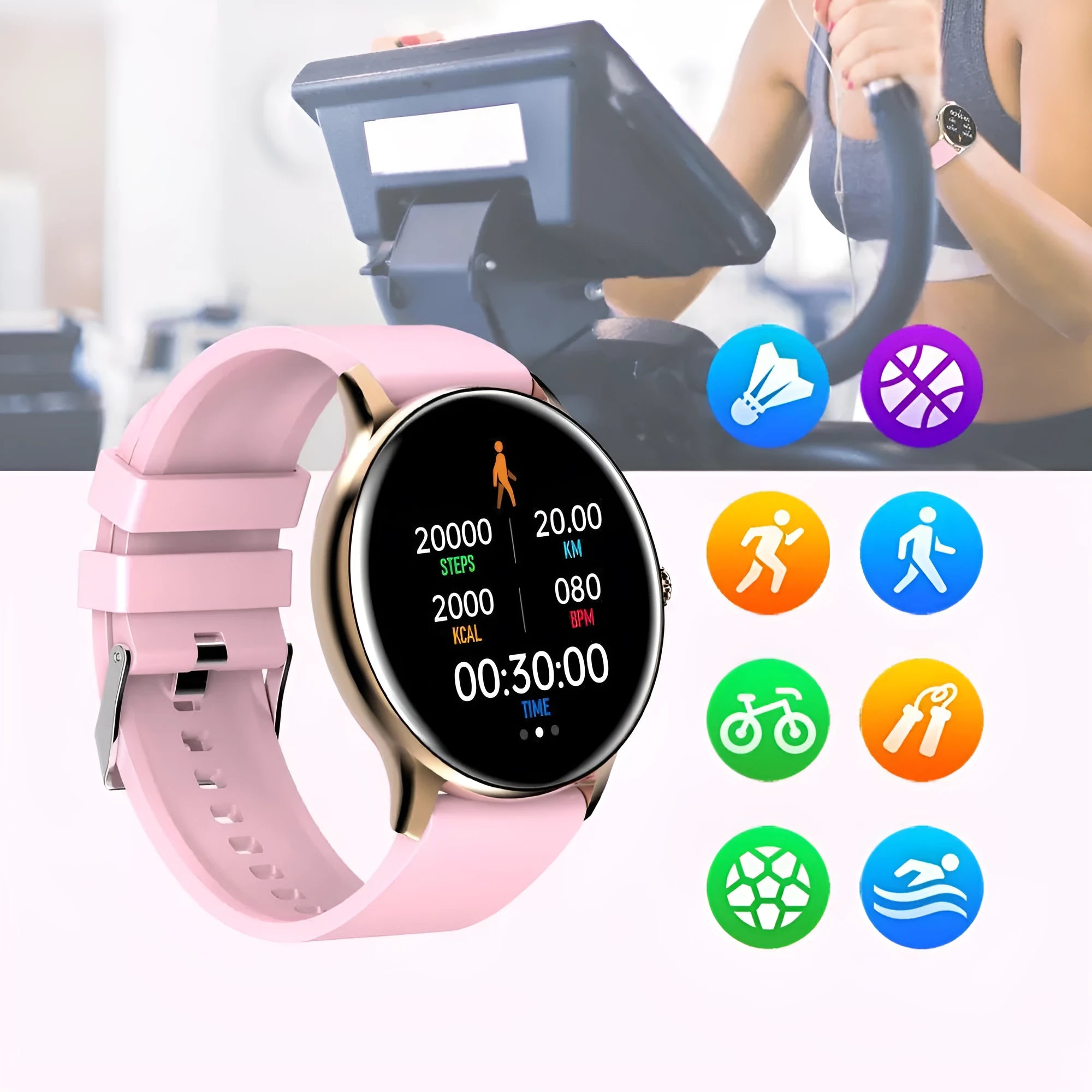 Blood pressure health smart sports watch with circular screen and black silicone strap.