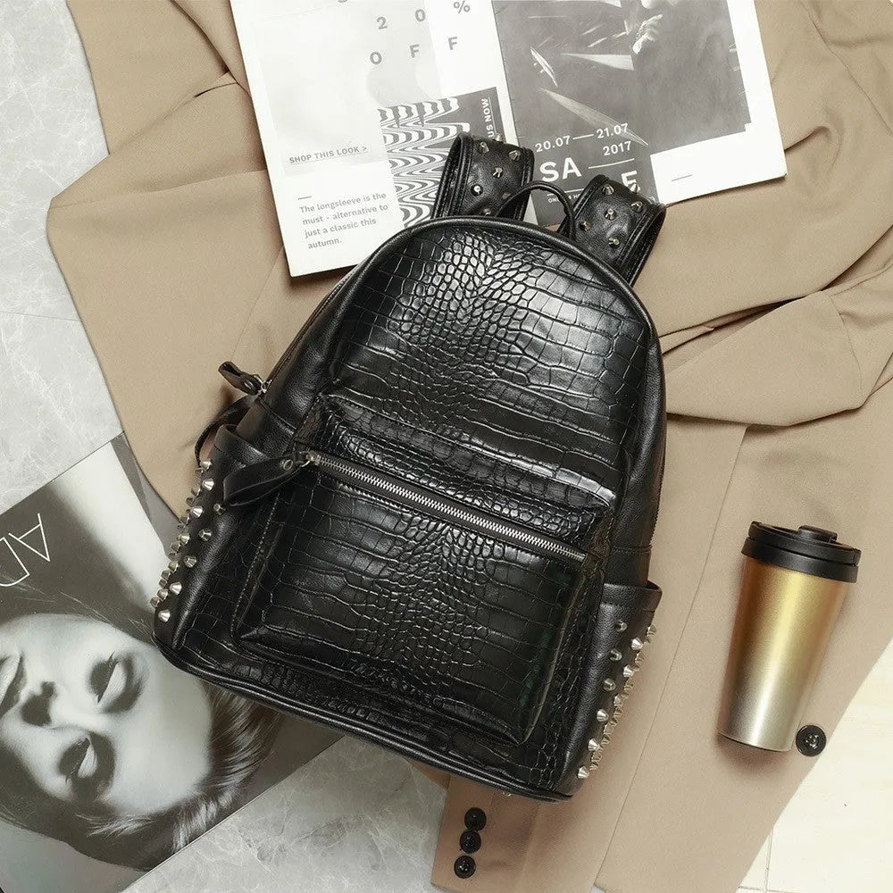 Large capacity black fashion computer schoolbag with waterproof PU leather and rivet detailing