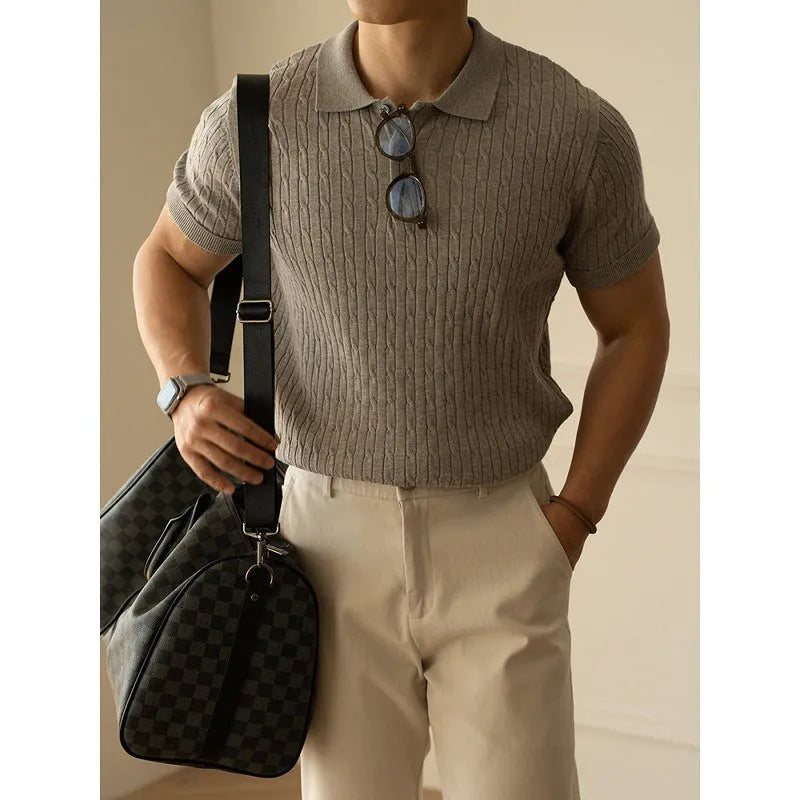 Men's short-sleeve business top in black, white, or khaki colours with Asian sizing options