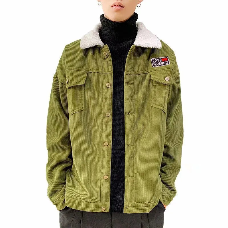Men's loose fit corduroy workwear jacket in solid khaki green or black with stick pockets