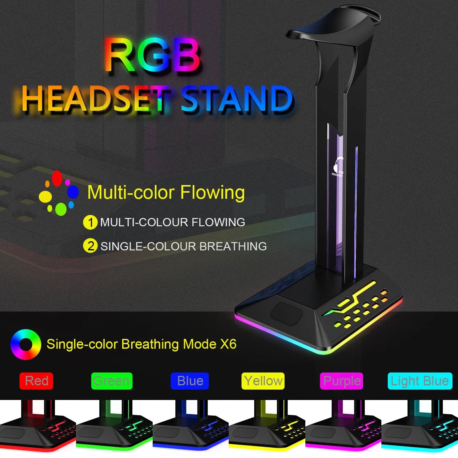 RGB colour changing headphone stand with dual USB ports on a desk next to a gaming headset.