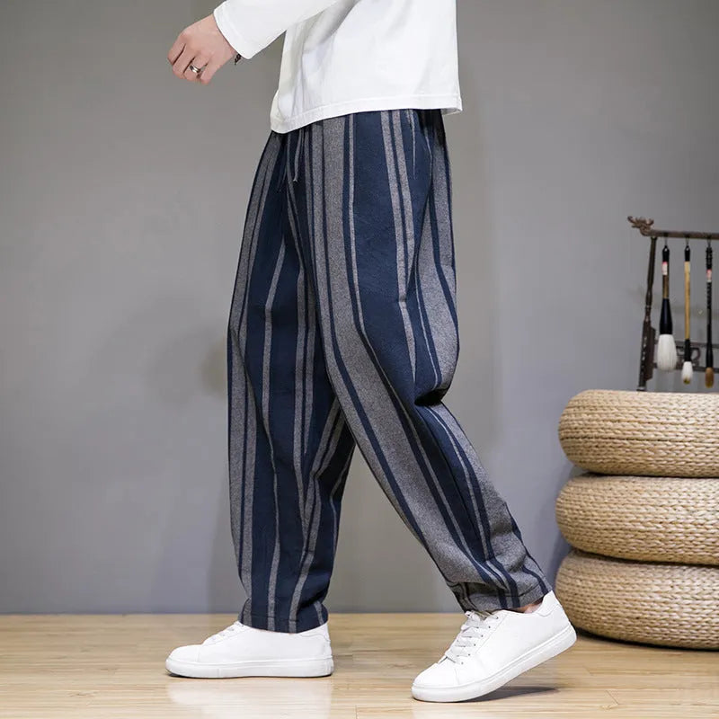 Bold stripes wide men's casual pants in navy blue, mid-waist polyester trousers for leisure