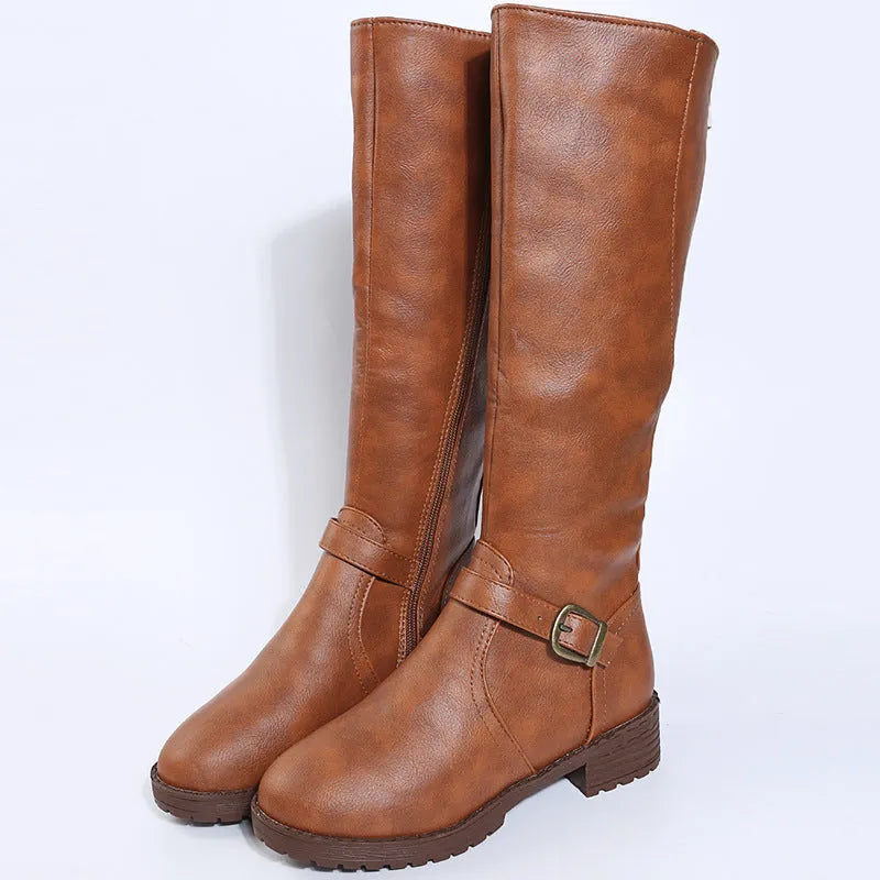 Women's square heel high boots in black, artificial PU upper, cotton lining, belt buckle detail, round toe