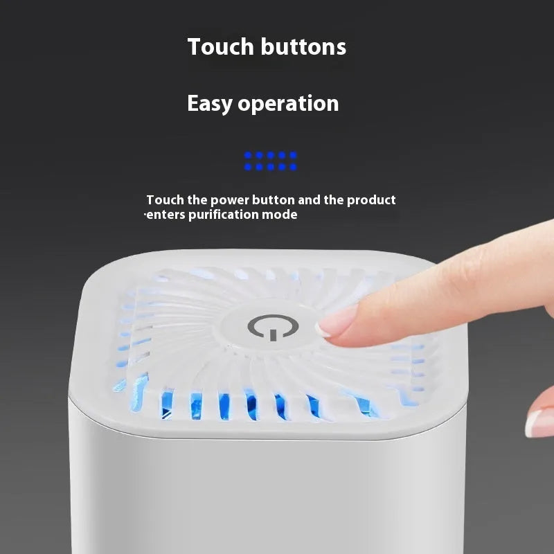 Mini car air purifier in black and white options with USB cable and filter element