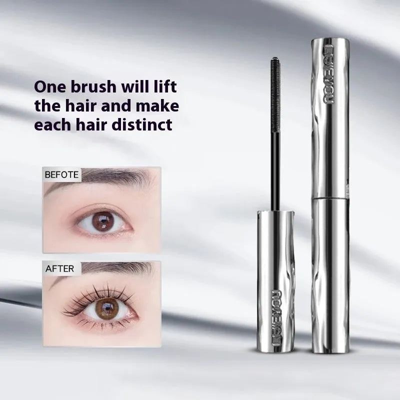Steel tube waterproof mascara in black and brown shades shown with an eyelash curler.