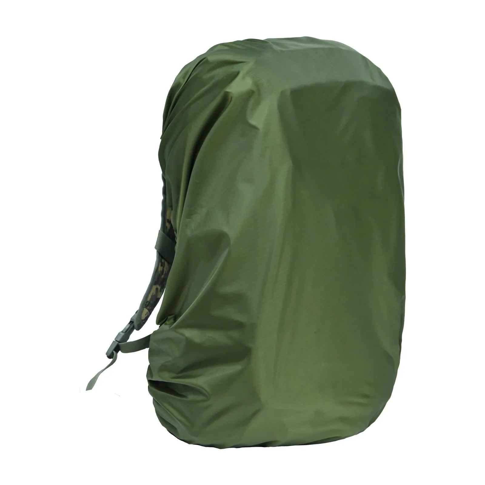 Army green backpack rain cover laid flat, designed to fit over an 80-litre capacity bag.