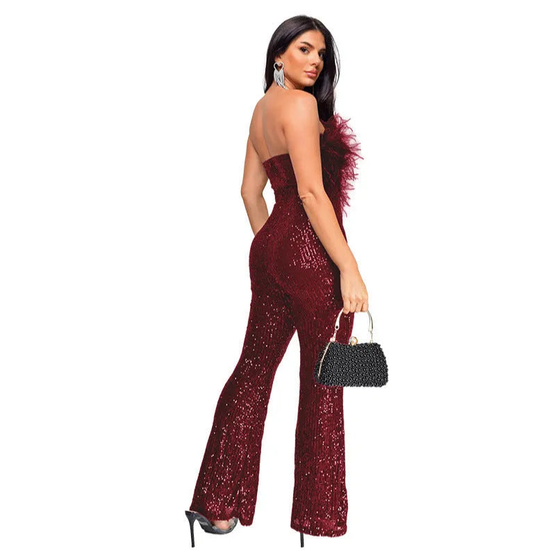 Women's sleeveless backless sequin jumpsuit with flared legs and zipper closure in multiple colour options