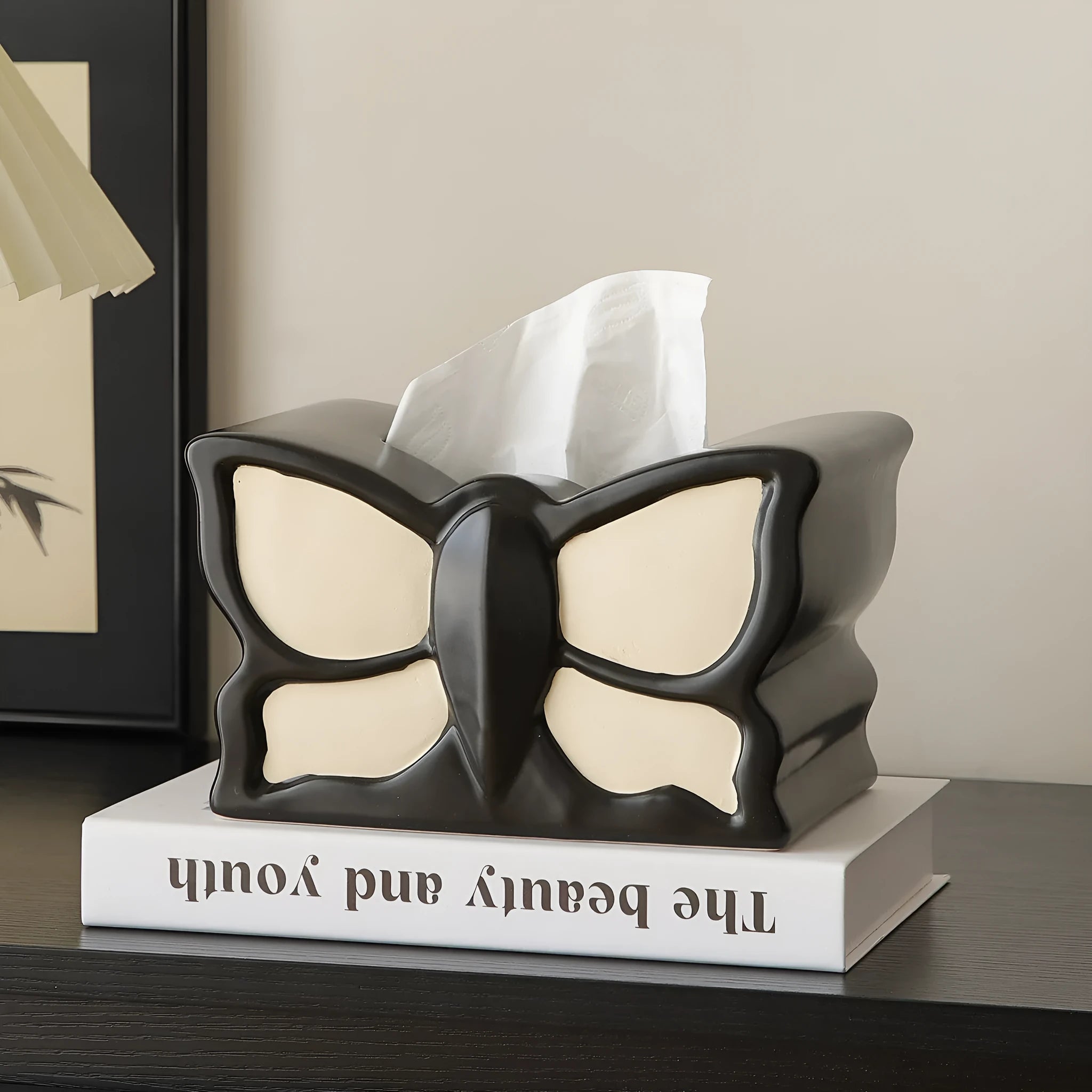 Ceramic light luxury butterfly tissue box and vase set on a living room side table