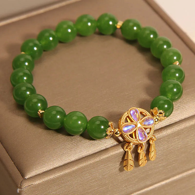 Women's green jasper bracelet with four-leaf clover and dream catcher crystal pendant