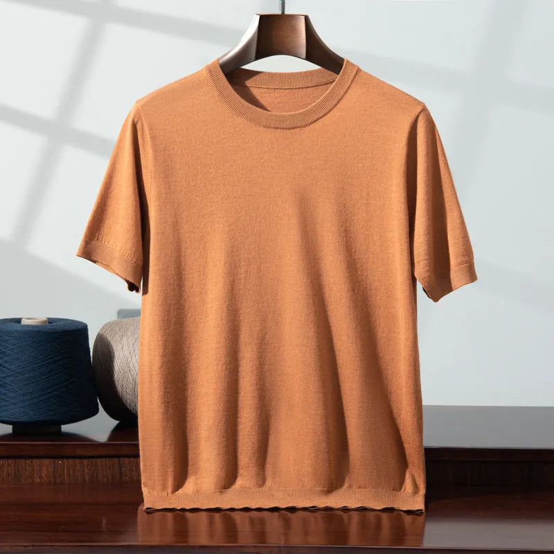 Men's knitted thin short sleeve round neck loose casual top in multiple colours: white, glacier blue, dark blue, black, cocoa brown, light gray, elegant beige, rock gray