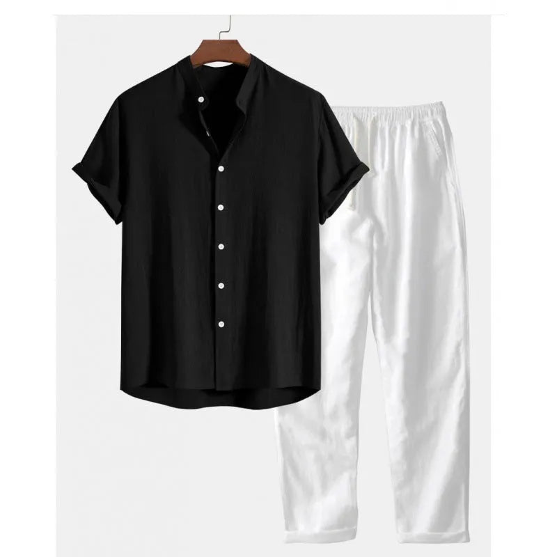 Men's casual matching shirt and trousers set in linen-blend fabric with short sleeves