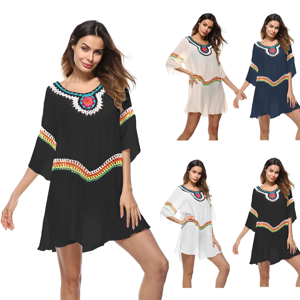 Crocheted ethnic style beach cover-up for women in acrylic polyester fabric