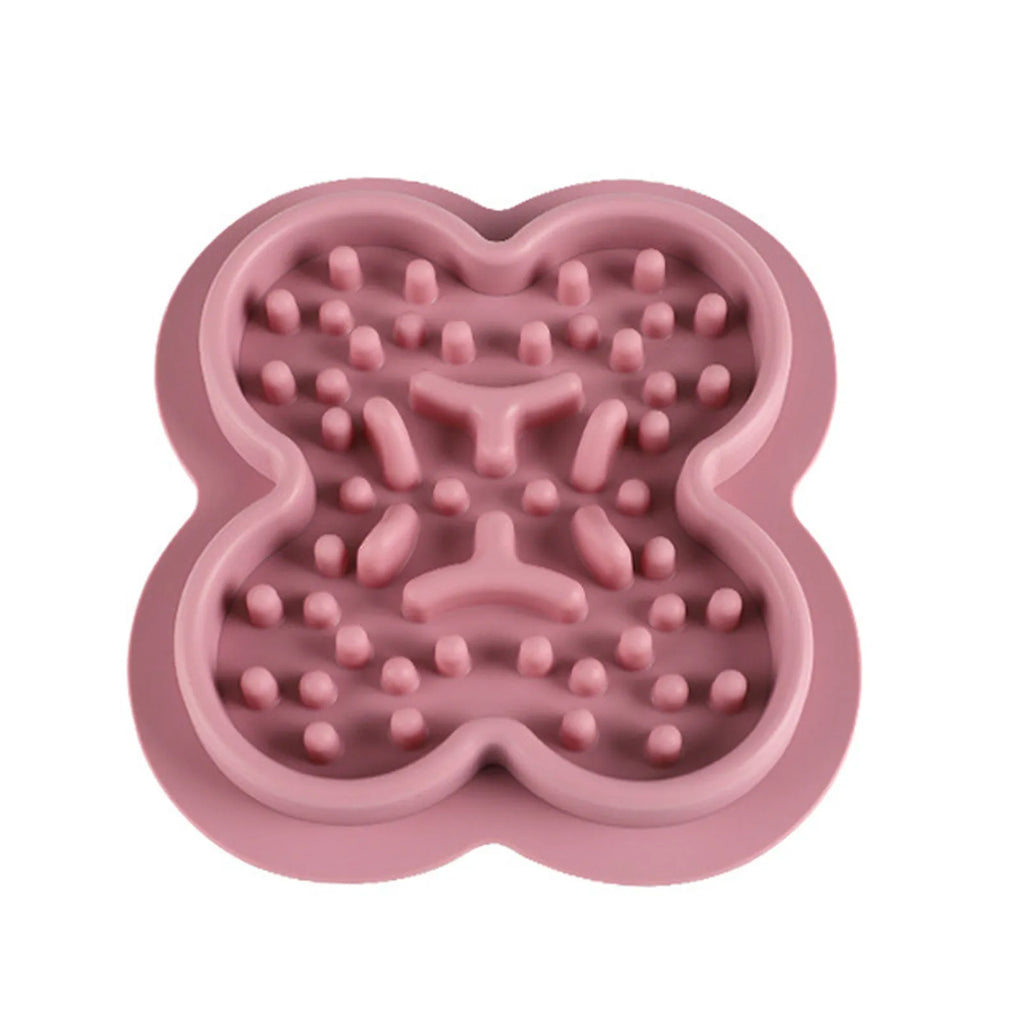 Silicone pet licking pad with textured ridges and non-slip base in assorted colours