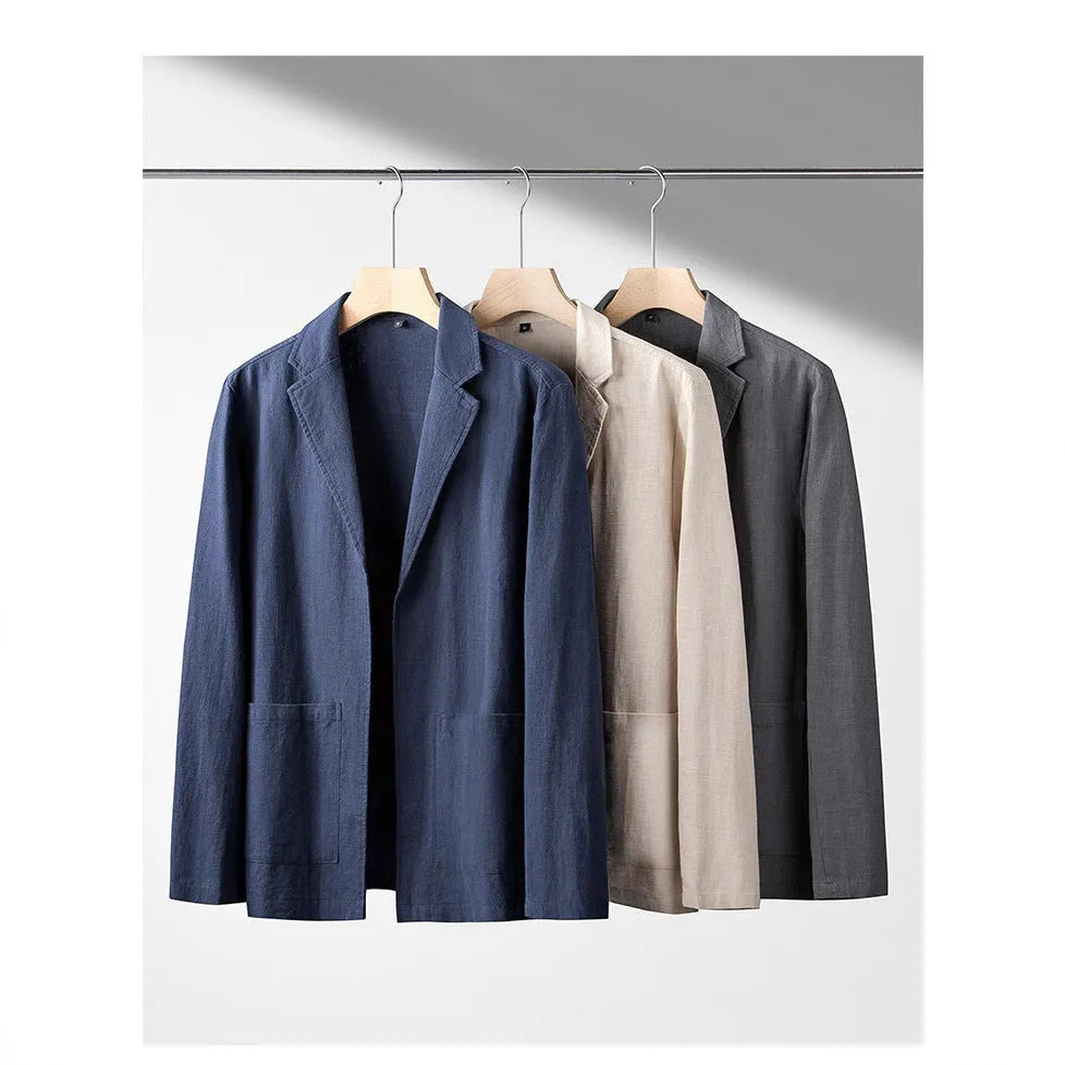 Summer menswear simple leisure suit linen long sleeve solid colour jacket in apricot gray and navy blue