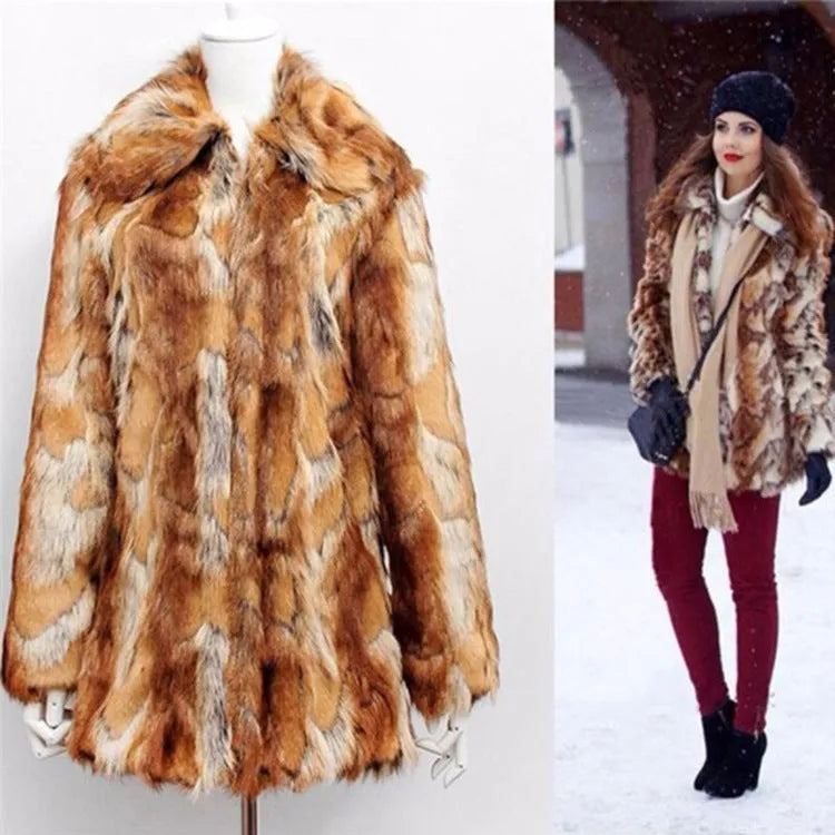 Women's tiger pattern faux fur jacket with medium length and long sleeves