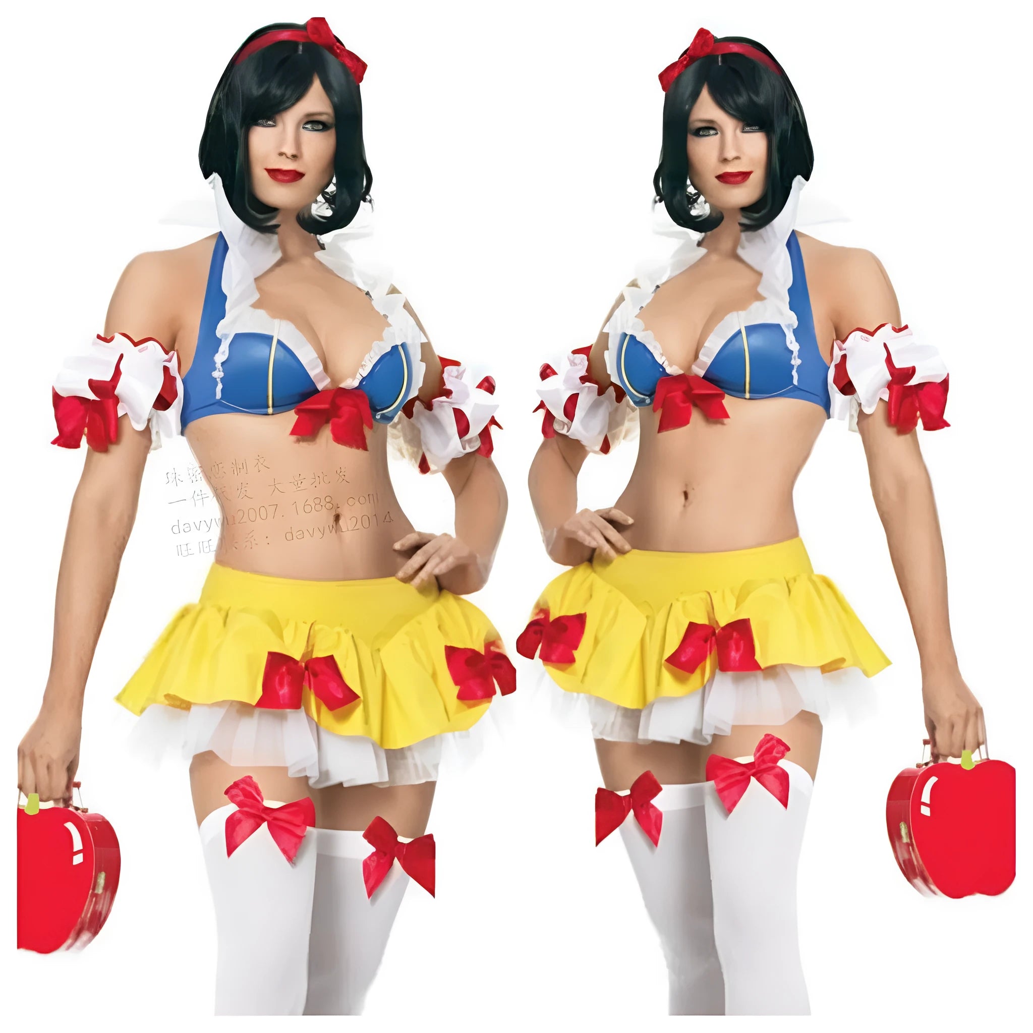 Snow White anime cosplay costume set with headdress, top, short skirt, and hand sleeves