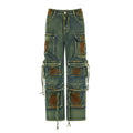 Loose cargo denim trousers with gradient colour pockets and street hipster styling