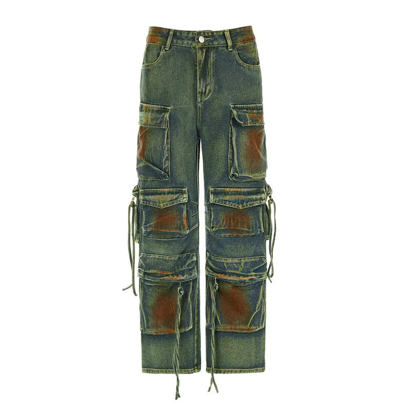 Loose cargo denim trousers with gradient colour pockets and street hipster styling