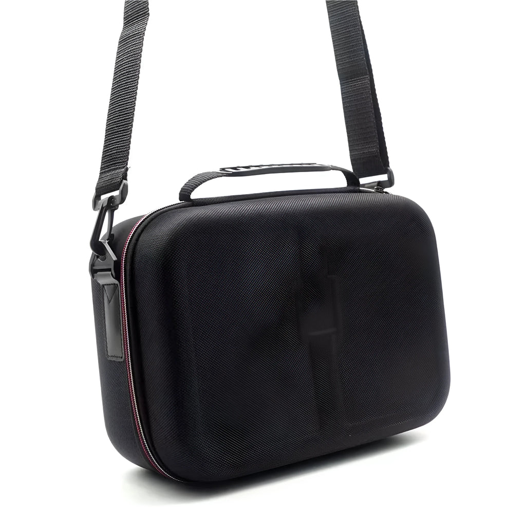 Black EVA hard shell game console accessory storage bag showing two size options.
