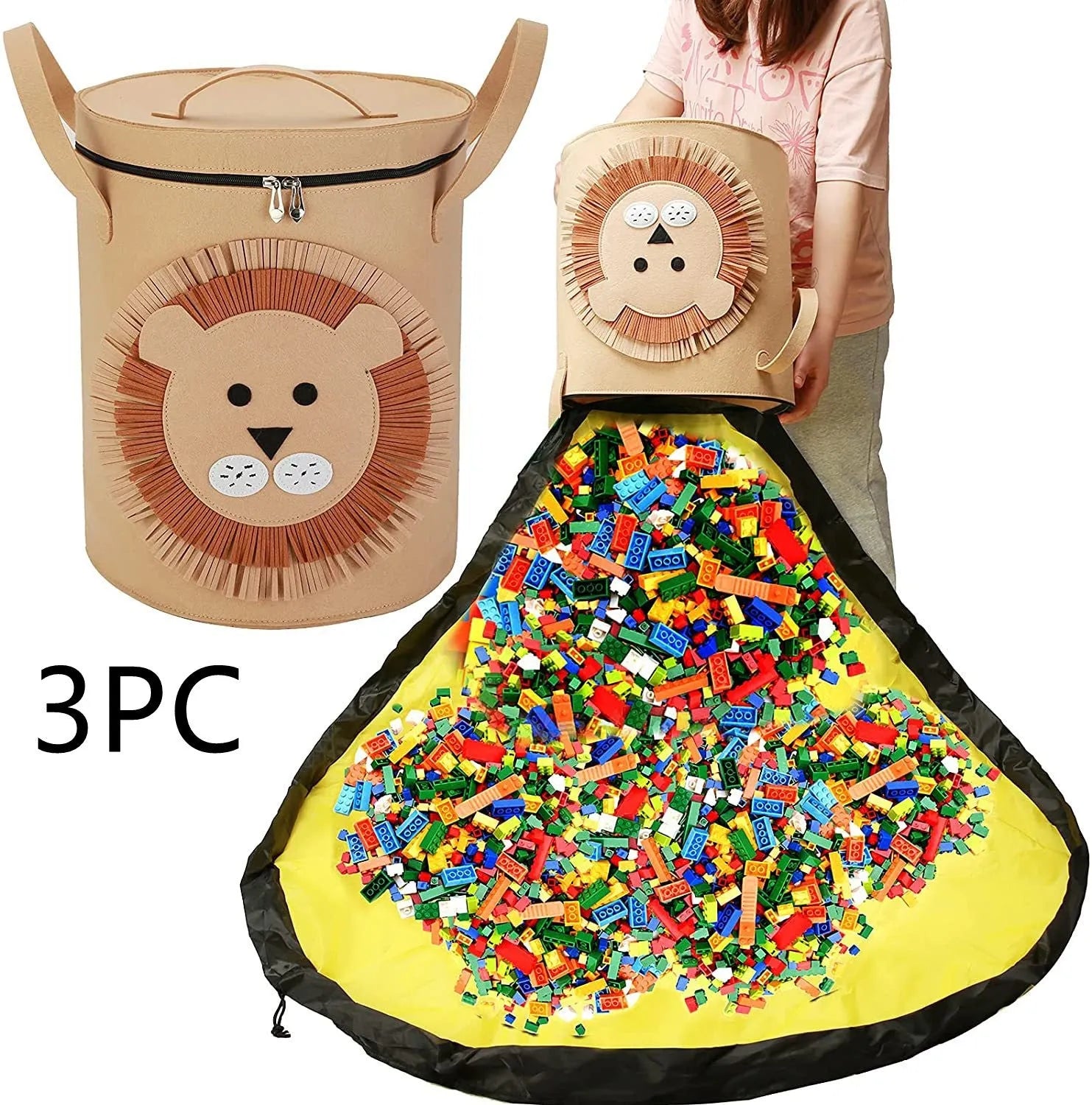 Green felt cube storage bag with pull rope shown as toy organiser and unfolded play mat