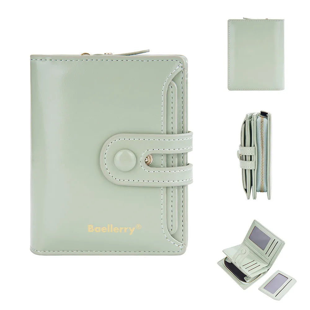 Women's slim card holder wallet in PU leather, shown in various colours including black, blue, pink, and green.