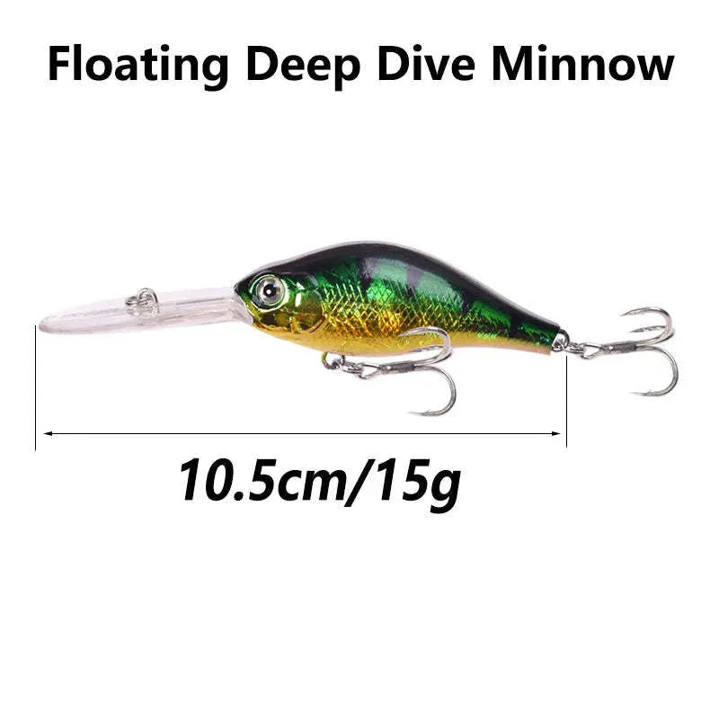 10.5cm deep diving Mino fishing lure with long tongue board, showing colour options.