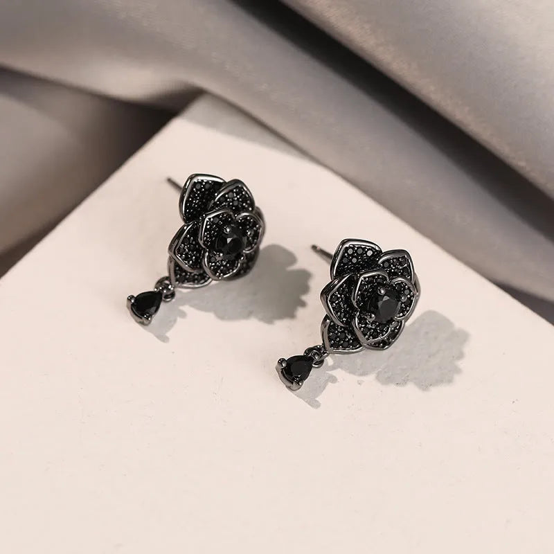 Black rose zircon flower stud earrings for women, 18K gold plated copper jewellery