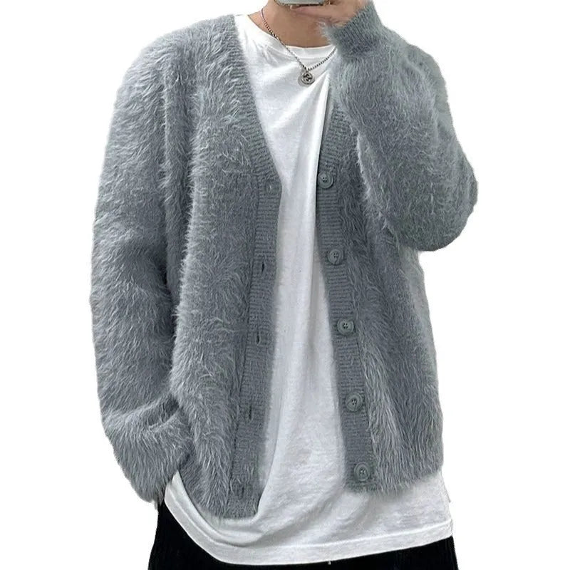 Mohair American Retro V-neck sweater coat in black, loose fit pullover style for teenagers