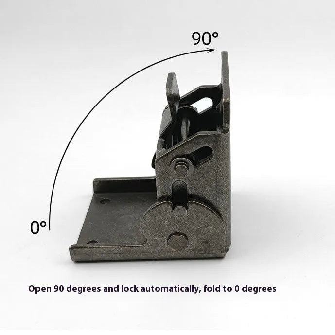 Furniture folding hinge showing angular adjustment from 0 to 90 degrees with self-locking mechanism