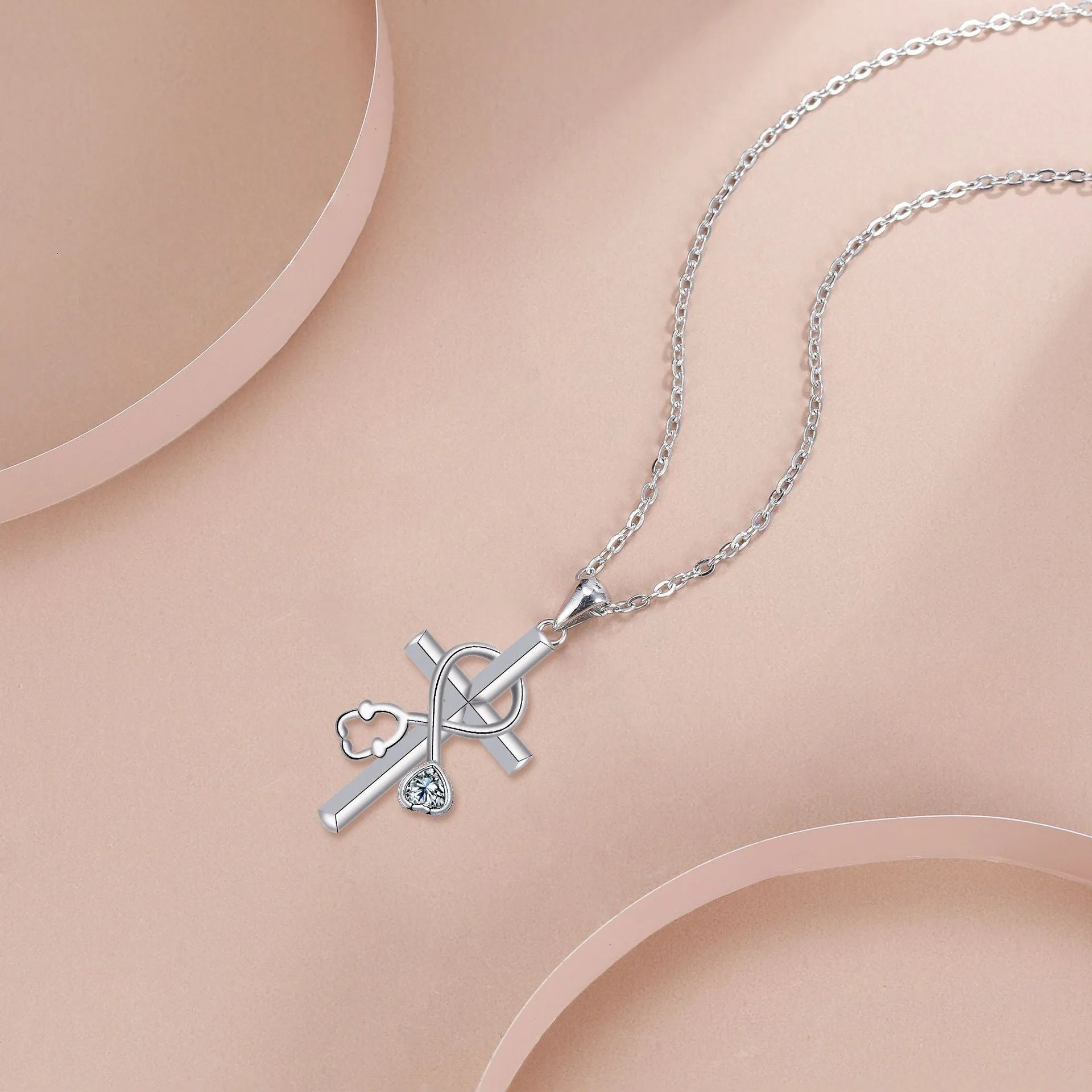 Copper cross stethoscope necklace with electroplated finish and medical pendant charm