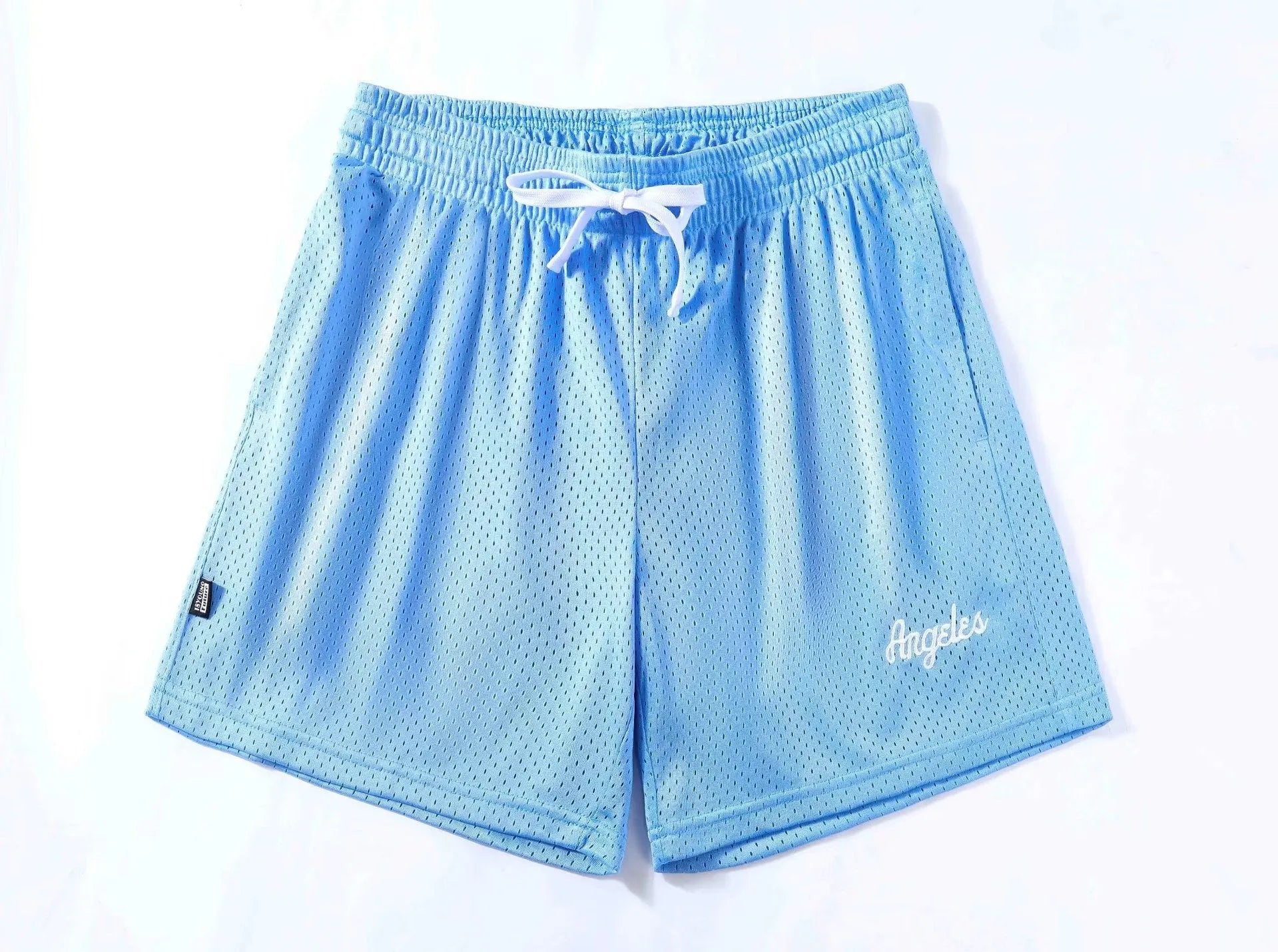 Men's black double-layer mesh sports shorts laid flat, showing waistband and loose fit.