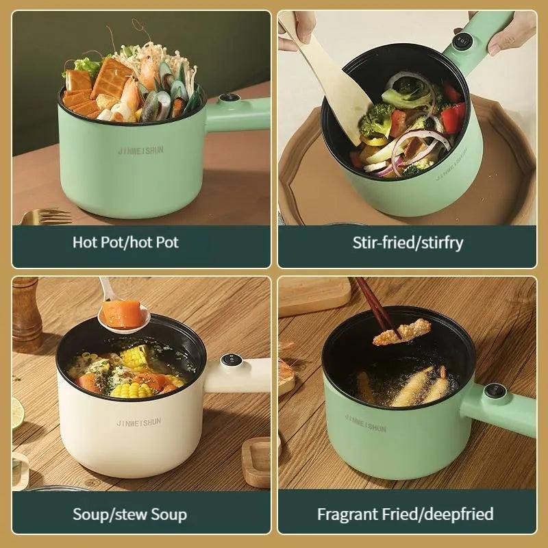 Mini hot pot electric cooker with stainless steel body, non-stick pot, available in green, compact size 12.7x17x15 cm
