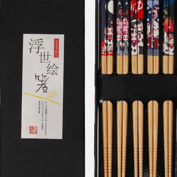 Japanese style bamboo chopsticks set with cartoon patterns including lucky cat design, 5 pairs in gift box packaging