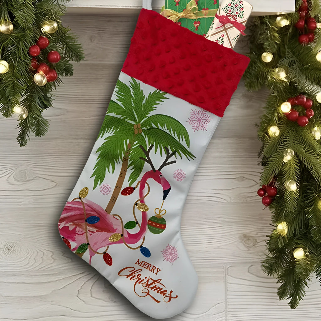 Flamingo patterned cloth Christmas stocking hanging decoration measuring 46 by 28 centimetres