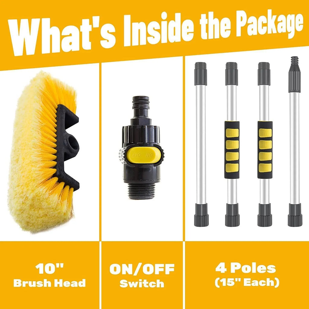 Yellow portable car wash brush with four-section rod on a clean car surface, showing flow-through design