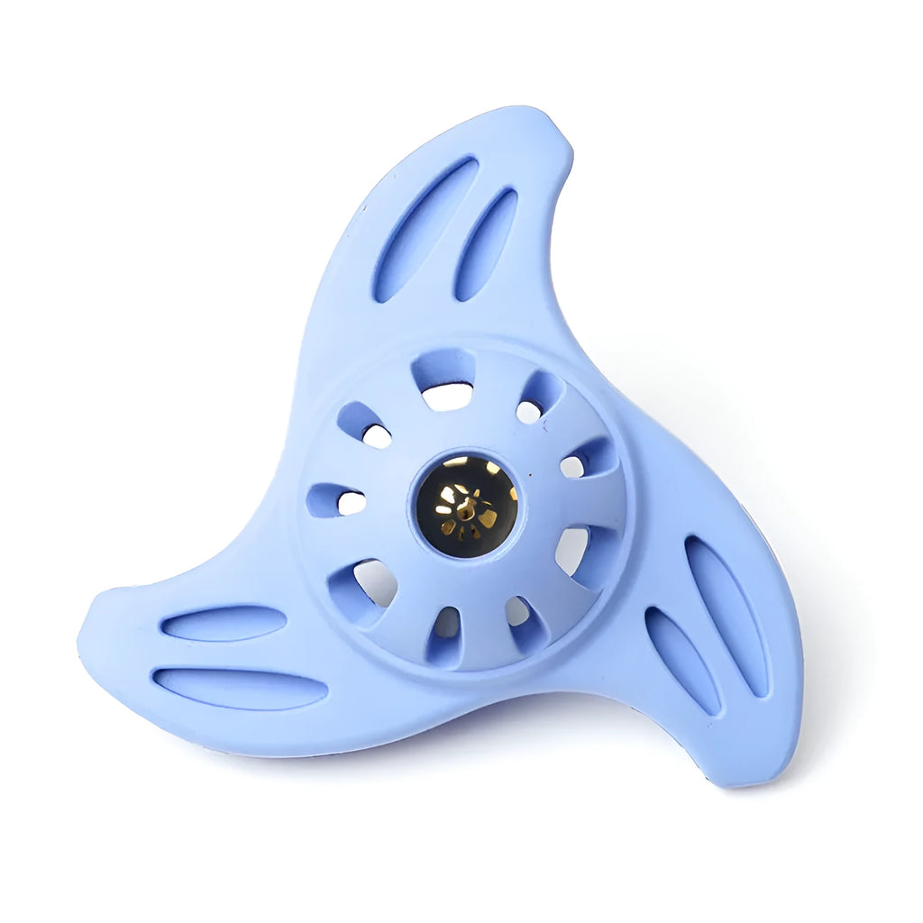 Blue or purple boomerang-shaped bite-resistant chew toy for medium and large dogs.