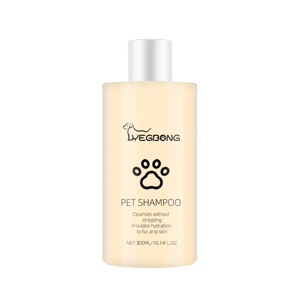 Mild dog shampoo bottle in 100ml and 300ml sizes for gentle coat cleansing