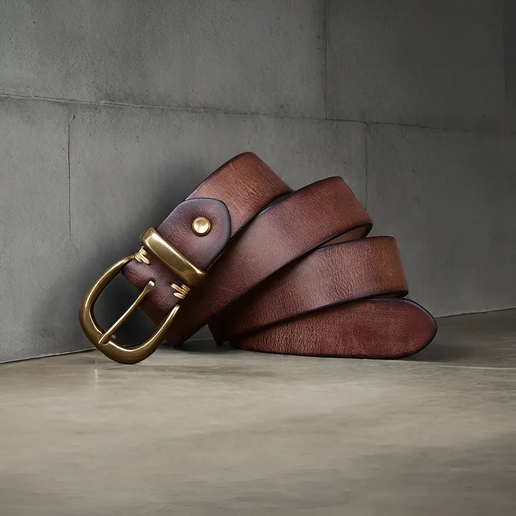 Men's cattlehide leather belt with copper pin buckle in black, brown, or khaki colour