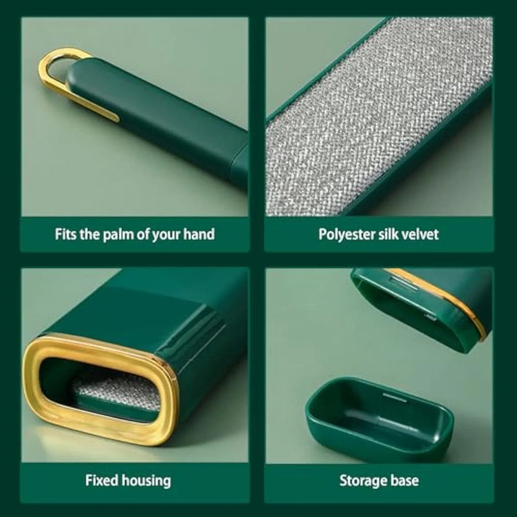 Reusable pet hair remover brush with double-sided head for clothes and furniture.