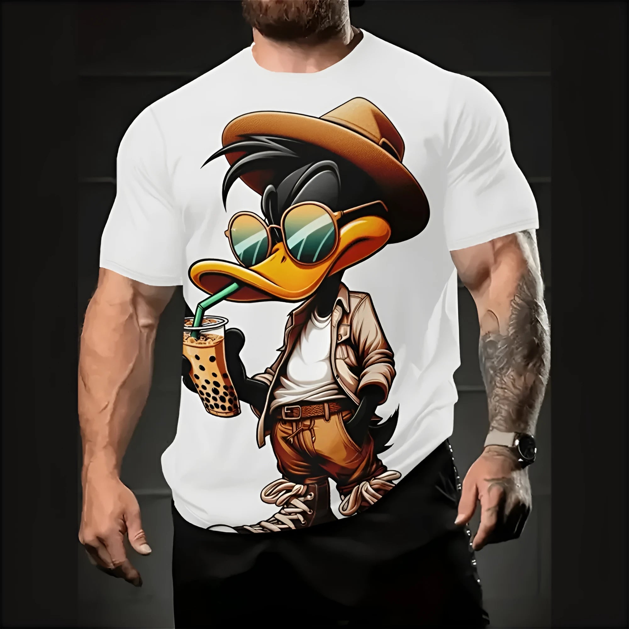 Men's loose fit short sleeve T-shirt with 3D printed cartoon pattern in milk silk linen fabric