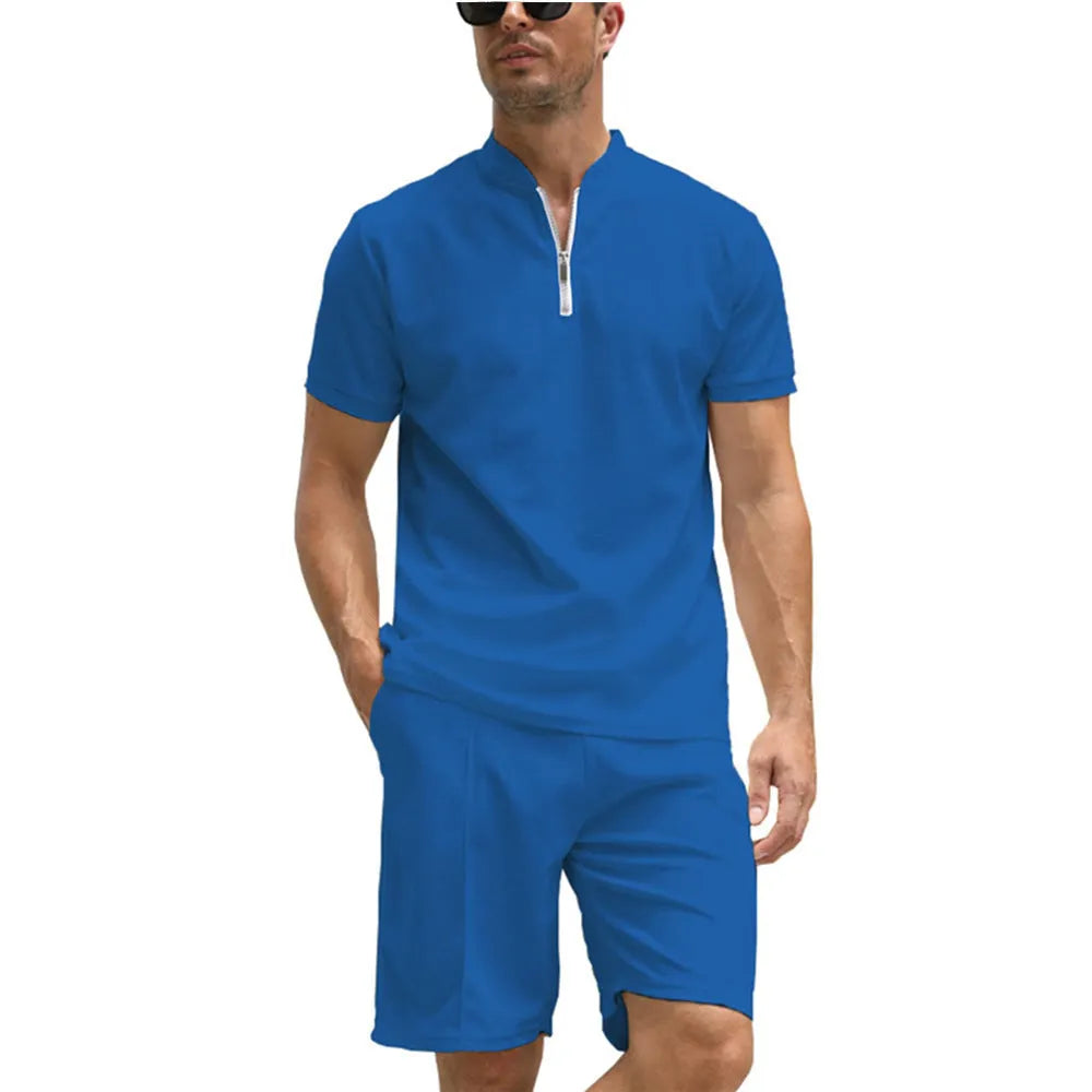 Men's solid colour polo shirt suit set with short sleeves and matching trousers in beaded bird's eye fabric
