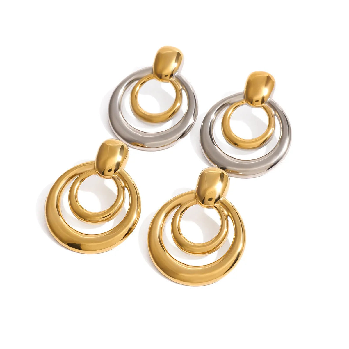 Golden double layer hollow stud earrings with geometric round shape and 18K gold electroplated finish