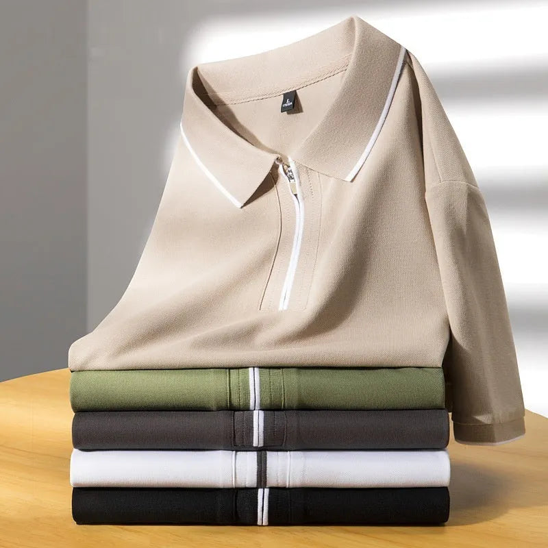 Men's lapel short-sleeve cotton blend business casual top in beige apricot, slim fit, size M to 4XL